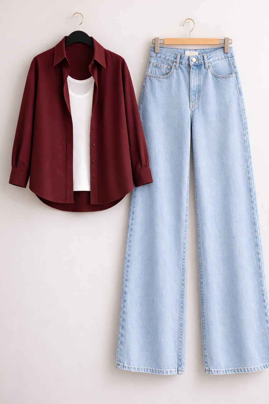 MAROON BUTTON DOWN SHIRT WITH INNER & ICE-BLUE WIDE LEG JEANS